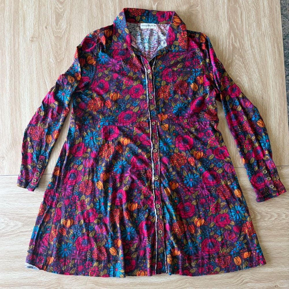 Natural Life Floral Button Front Long Sleeve Dress Boho Red/Pink - Size M